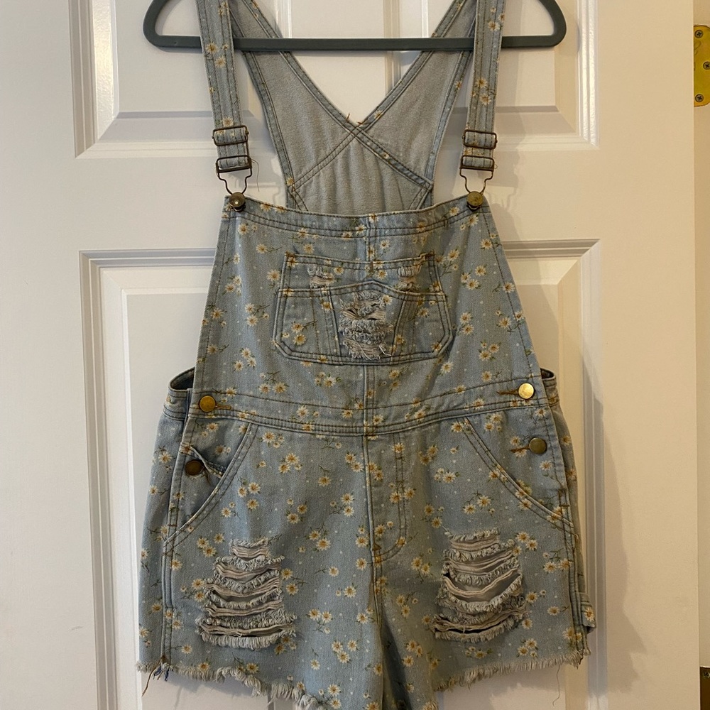 Distressed jean short overalls